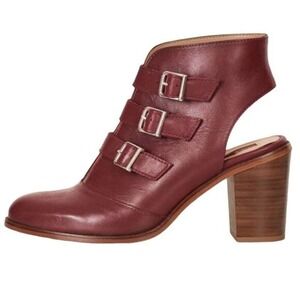 Topshop Jigsaw Burgundy Leather Cutout Ankle Boots Block Heel Buckle 7.5‎